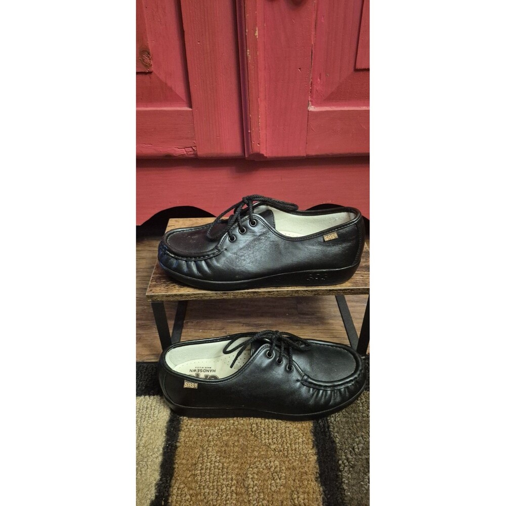 SAS Siesta Womens 8WW Black Leather Lace Up Comfort Shoes Oxford Moccasin EUC